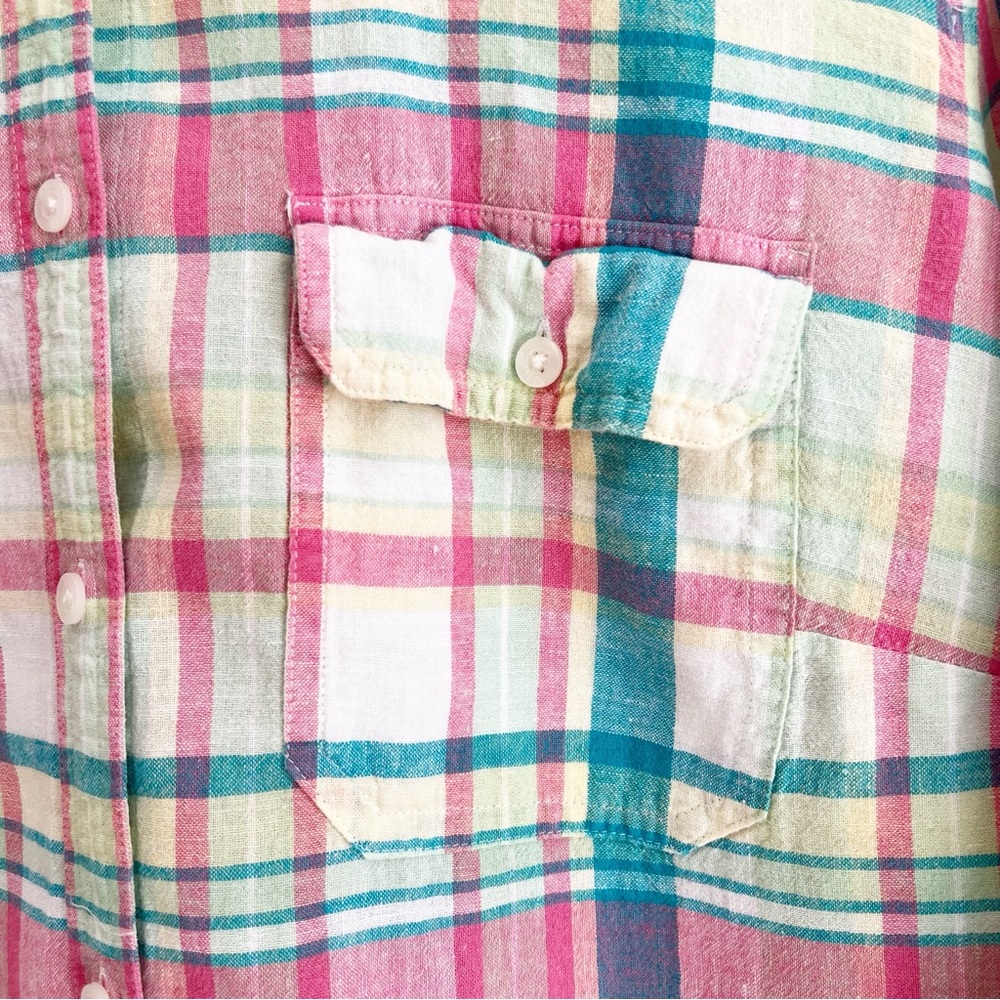 Chaps Womens Linen Blend Button Up Shirt 1X Pink Green Plaid Coastal Preppy - Picture 4 of 11